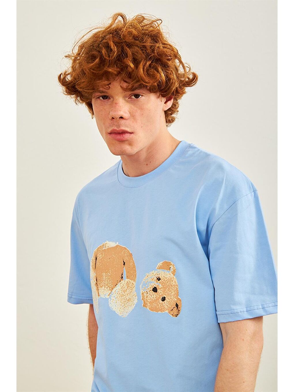 Erkek Ayıcık Baskılı Oversize Tişört Mavi-6