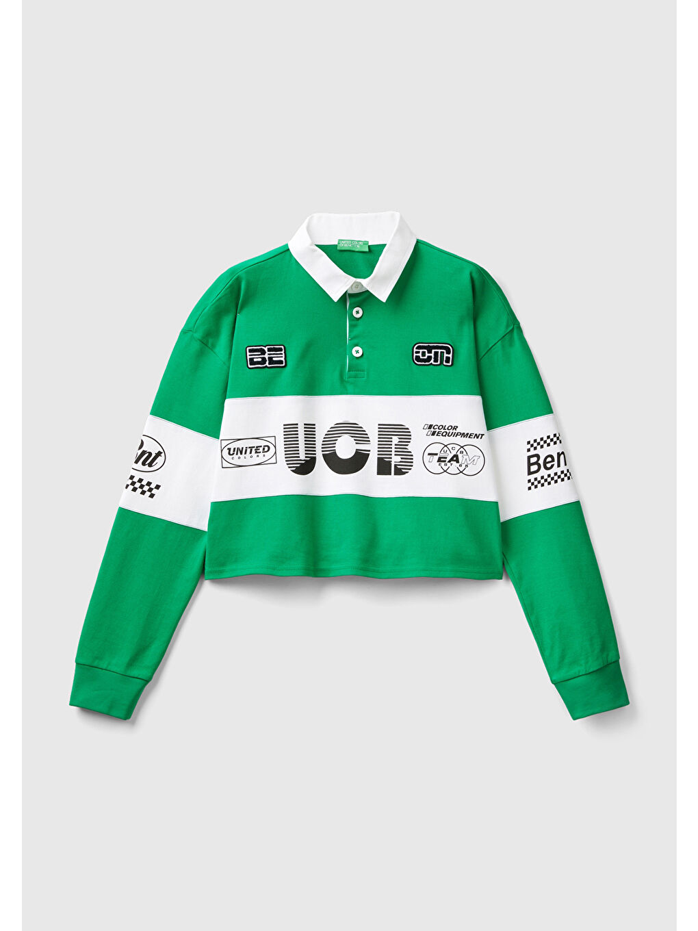 United Colors Of Benetton Kadın Yeşil %100 Pamuk Logo Baskılı Renk Bloklu Polo Yaka Crop Sweatshirt - 1