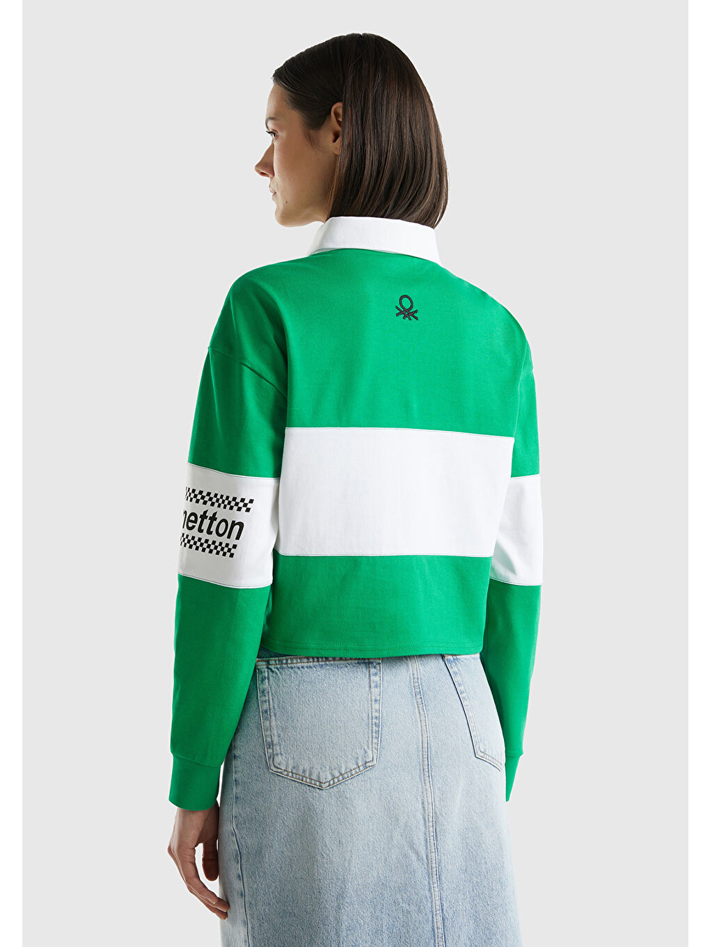 United Colors Of Benetton Kadın Yeşil %100 Pamuk Logo Baskılı Renk Bloklu Polo Yaka Crop Sweatshirt - 2