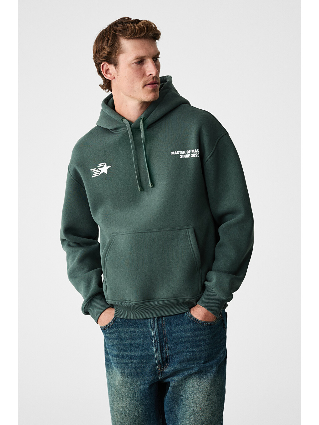 Blaıse Erkek Önü Ve Sırtı Baskılı Kapüşonlu Kordonlu Kanguru Cepli Regular Fit Yeşil Sweatshirt-3
