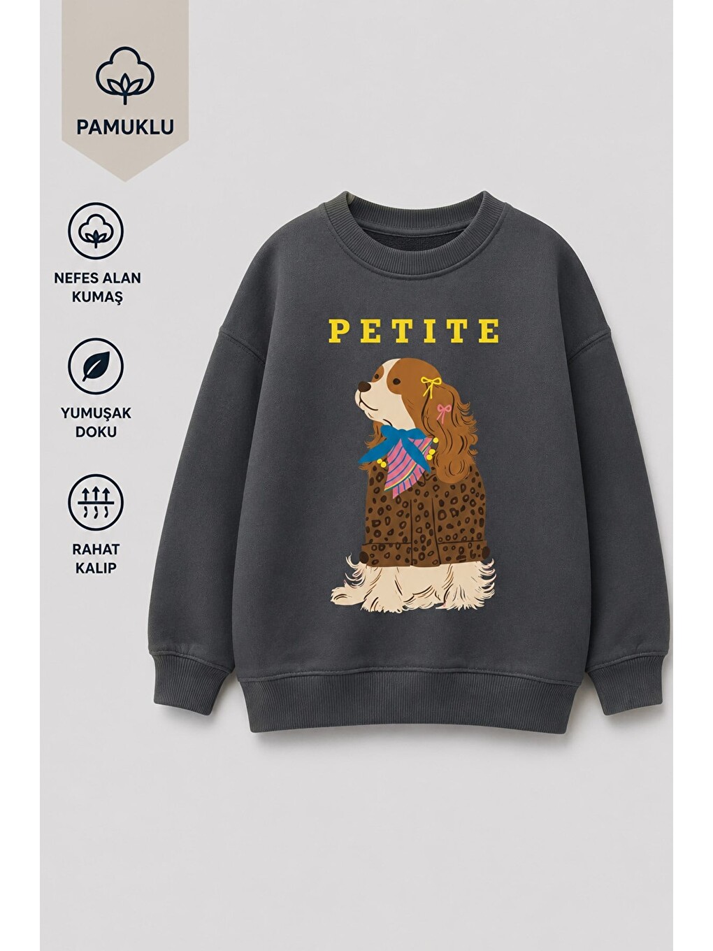 Antrasit Kız Çocuk 3 İplik Kumaş Pamuklu Köpek Baskılı Sweatshirt-1