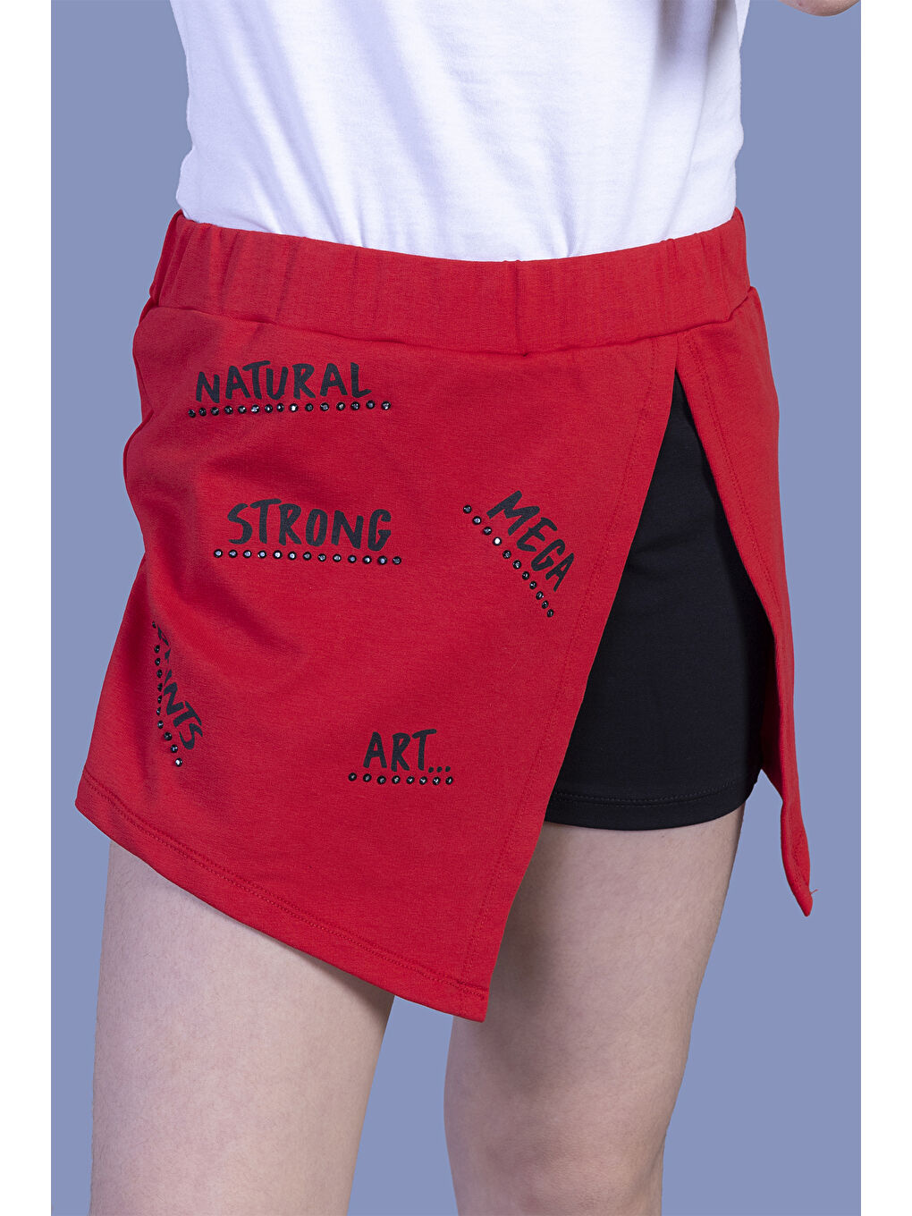 Kırmızı Kız Çocuk Garni Detaylı Baskılı Etek Görünümlü Şort