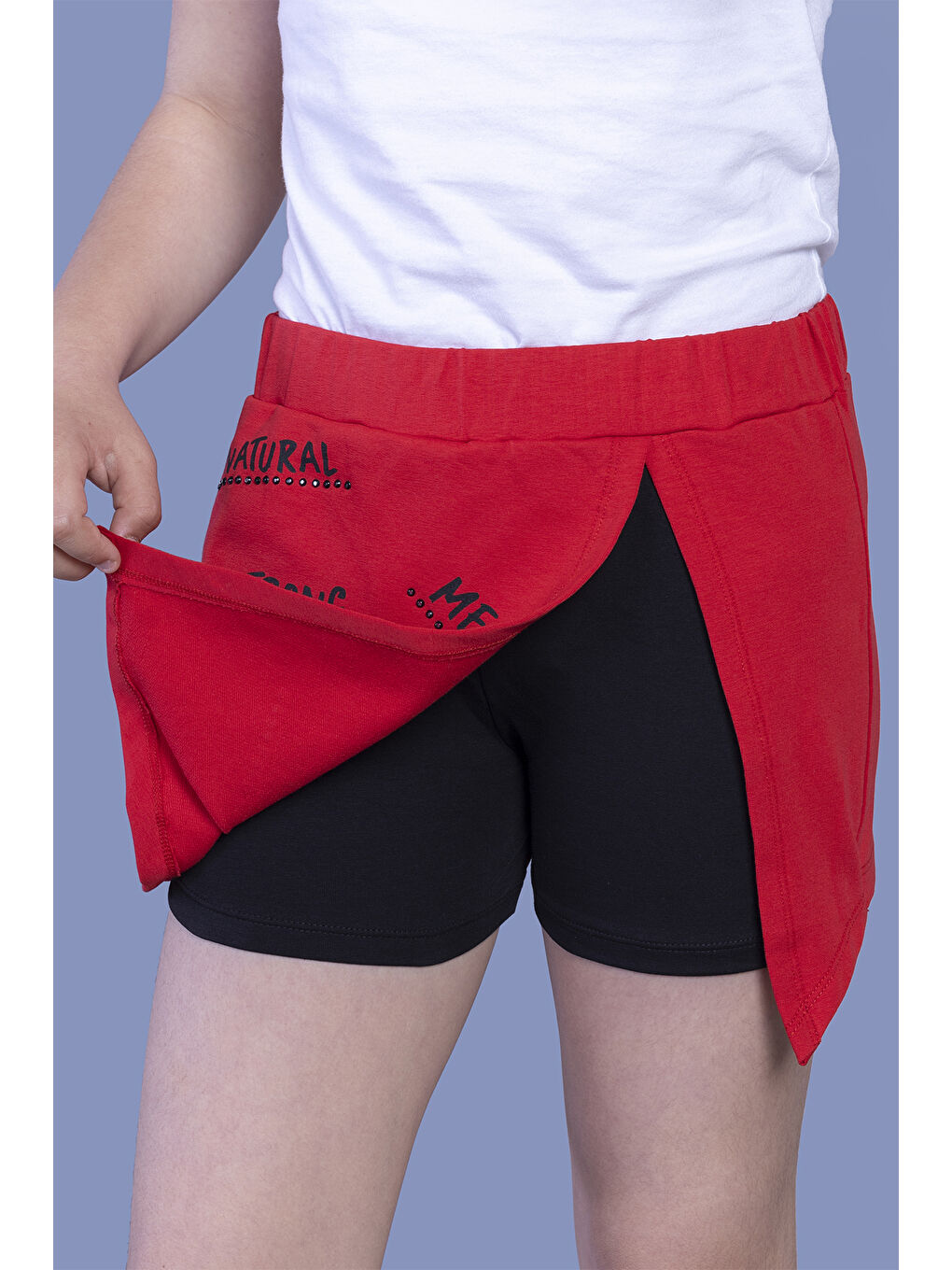 Kırmızı Kız Çocuk Garni Detaylı Baskılı Etek Görünümlü Şort-1