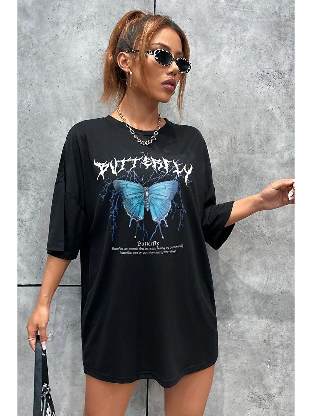 uyguntarz Siyah Blue Butterfly Baskılı T-shirt