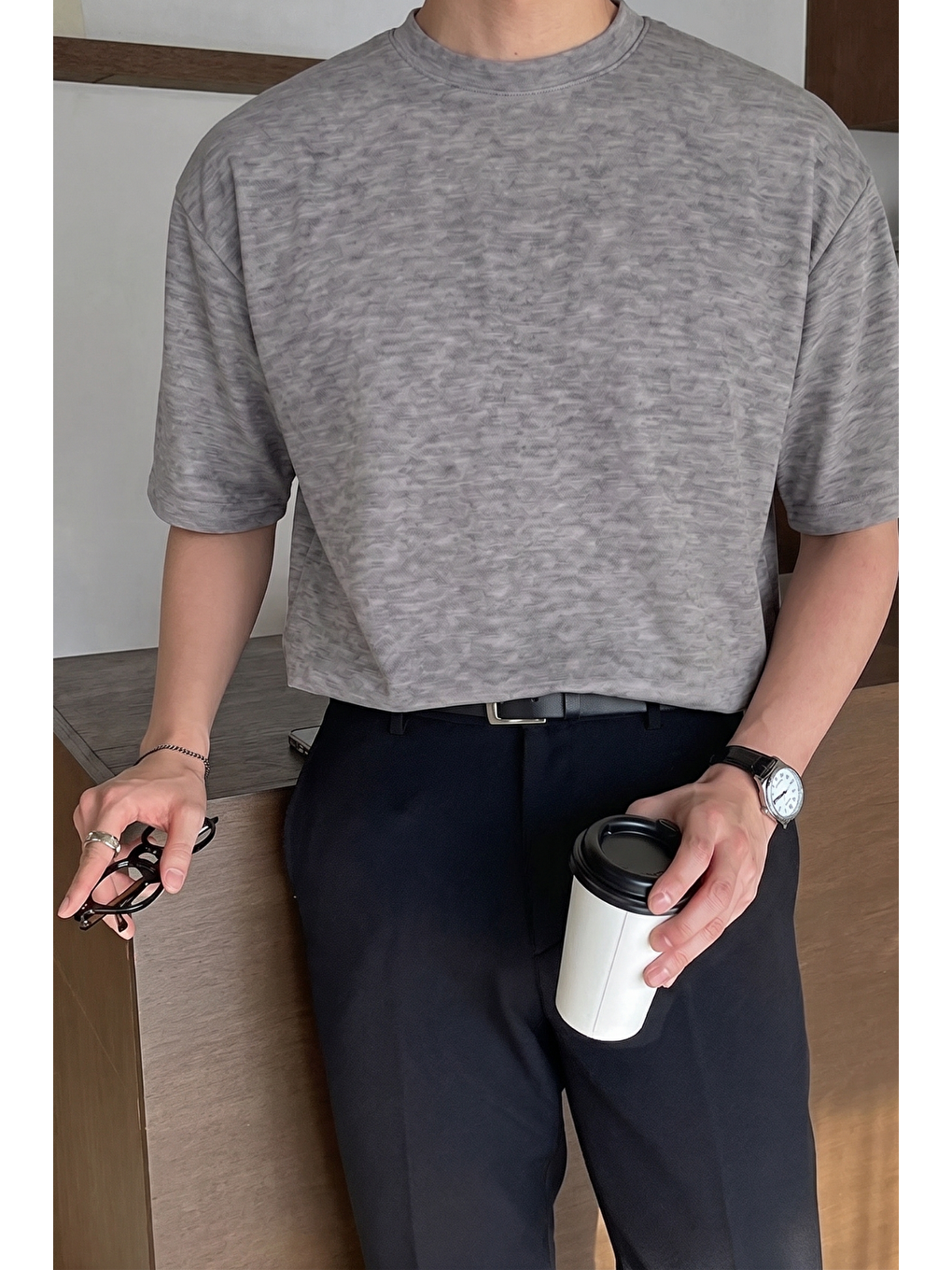 Gri Erkek Oversize Tişört Pamuk Kumaş Bisiklet Yaka Rahat Kalıp T-shirt-1