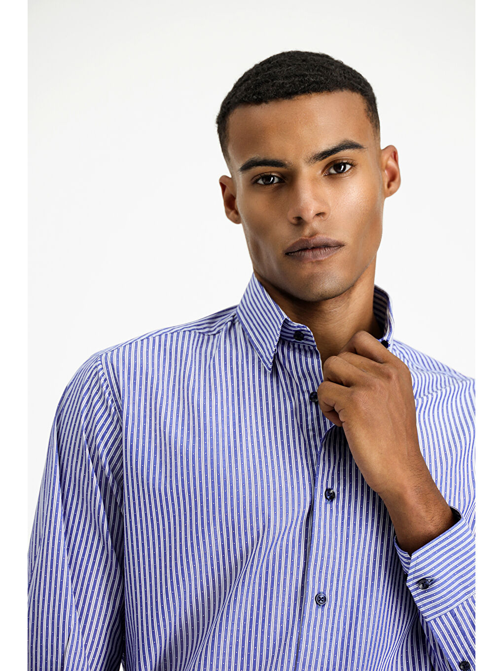 Lacivert Uzun Kol Klasik Çizgili Pamuk Gömlek