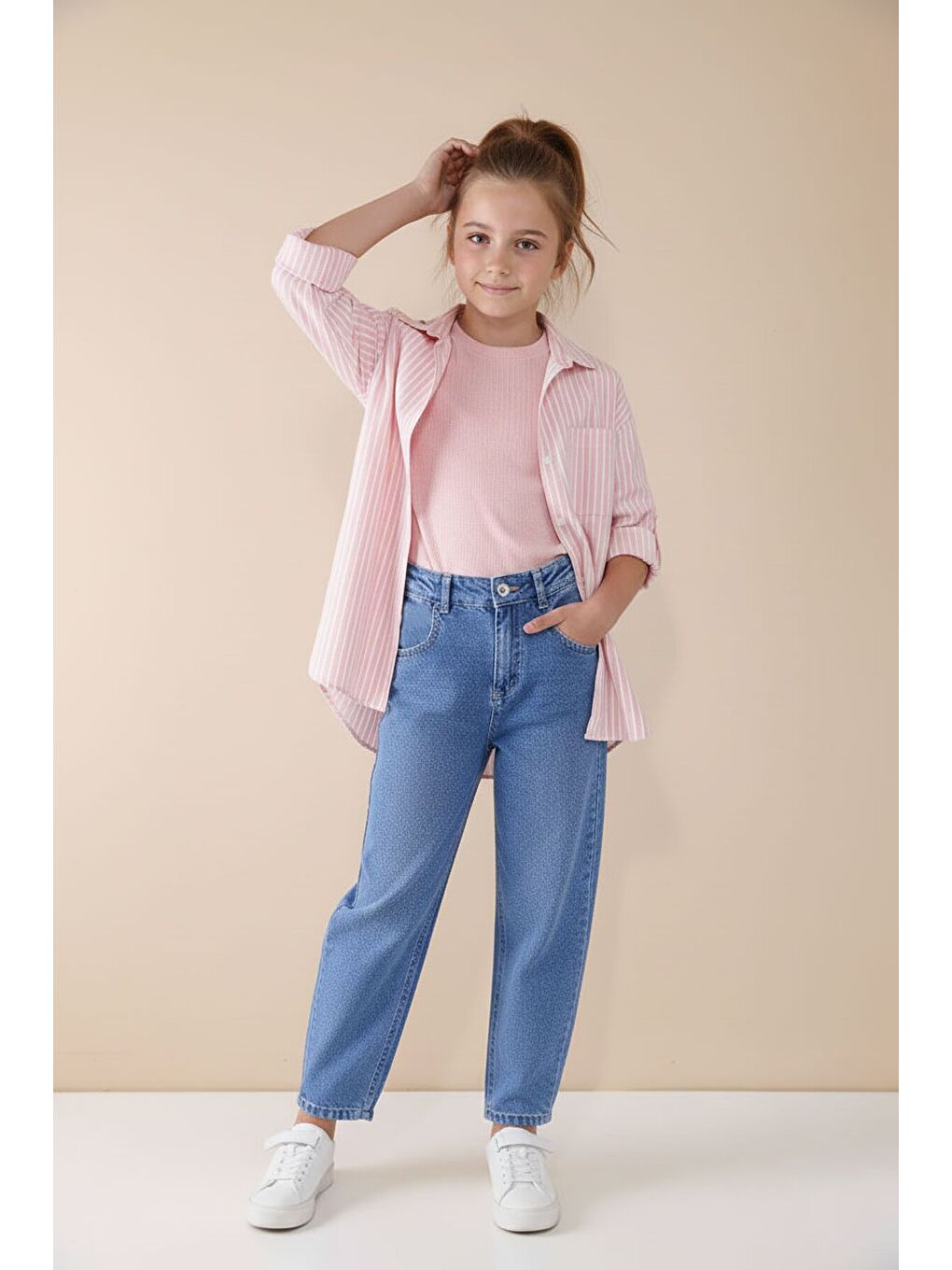 Pembe Çizgili Gömlekli Badili Kız Çocuk Pantolonlu 3lü Takım 23507-1