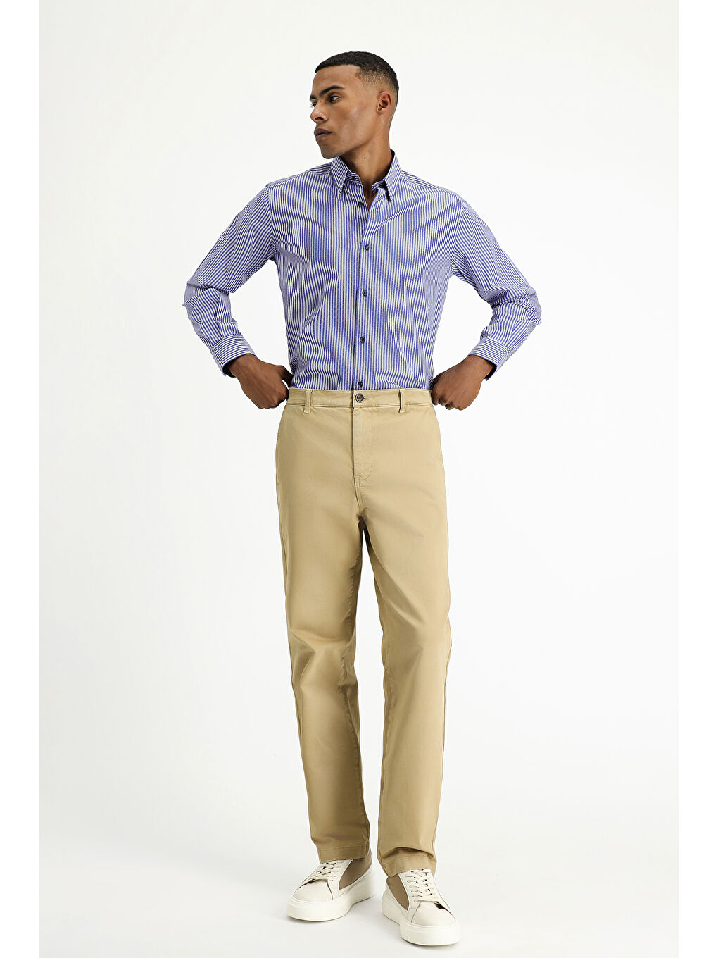 Lacivert Uzun Kol Klasik Çizgili Pamuk Gömlek-1