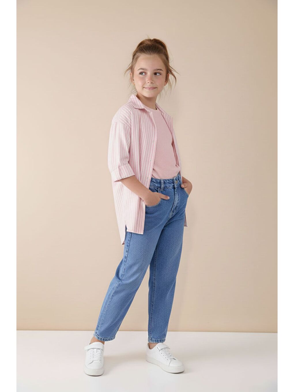 Pembe Çizgili Gömlekli Badili Kız Çocuk Pantolonlu 3lü Takım 23507-2