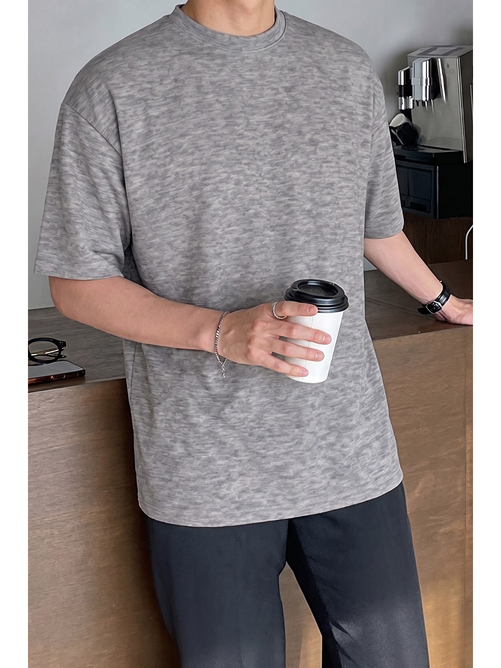 Gri Erkek Oversize Tişört Pamuk Kumaş Bisiklet Yaka Rahat Kalıp T-shirt-2