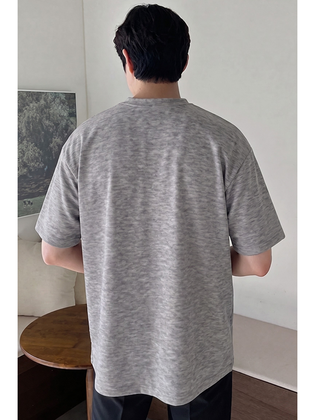 Gri Erkek Oversize Tişört Pamuk Kumaş Bisiklet Yaka Rahat Kalıp T-shirt-3