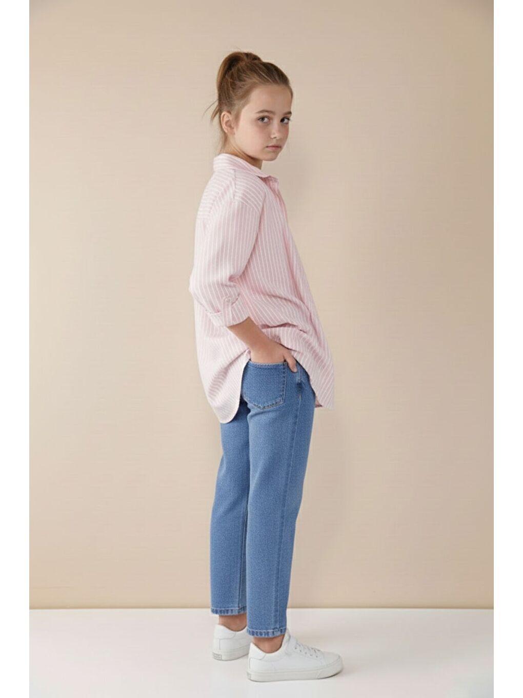 Pembe Çizgili Gömlekli Badili Kız Çocuk Pantolonlu 3lü Takım 23507-4