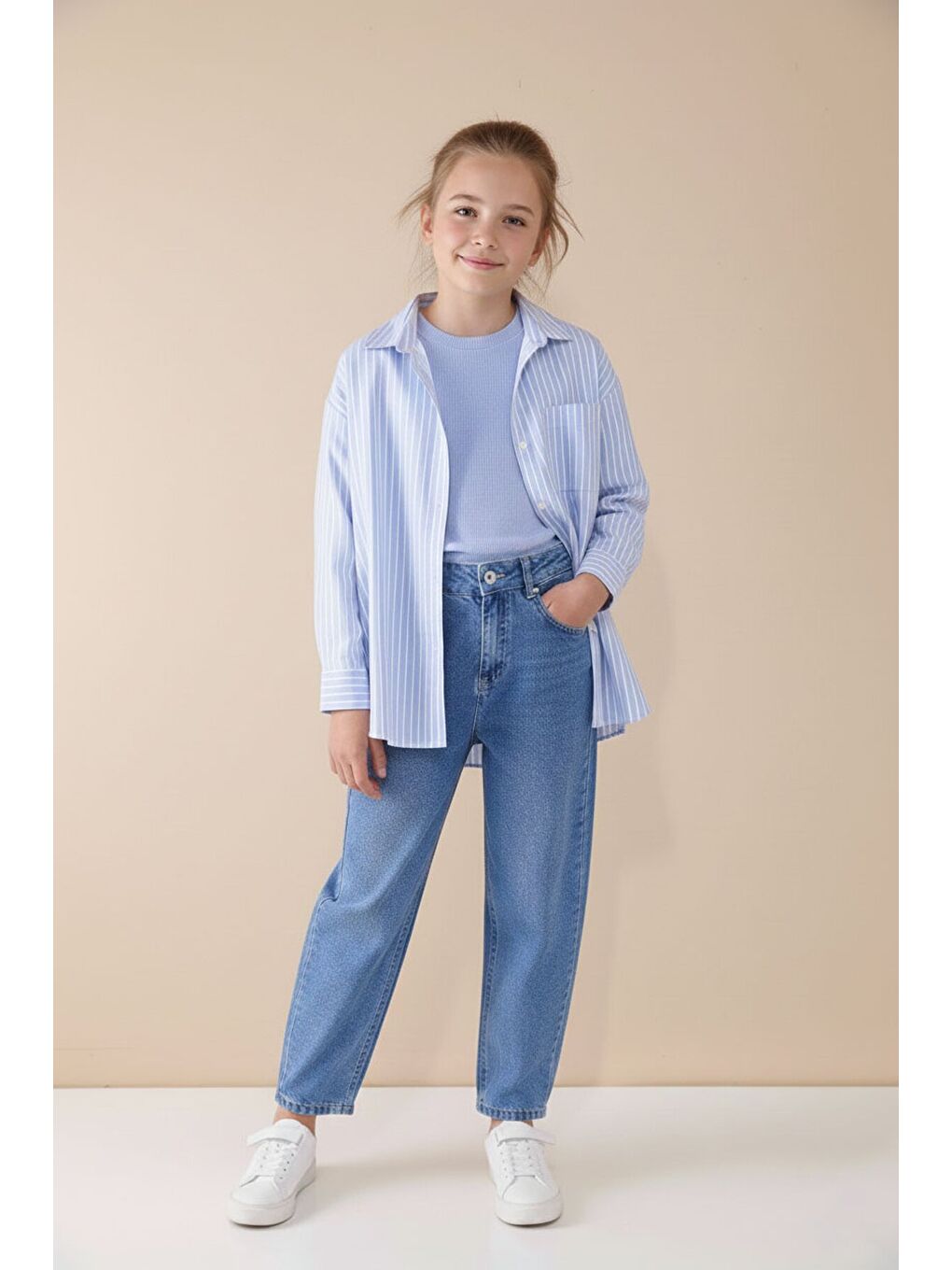 Mavi Çizgili Gömlekli Badili Kız Çocuk Pantolonlu 3lü Takım 23508