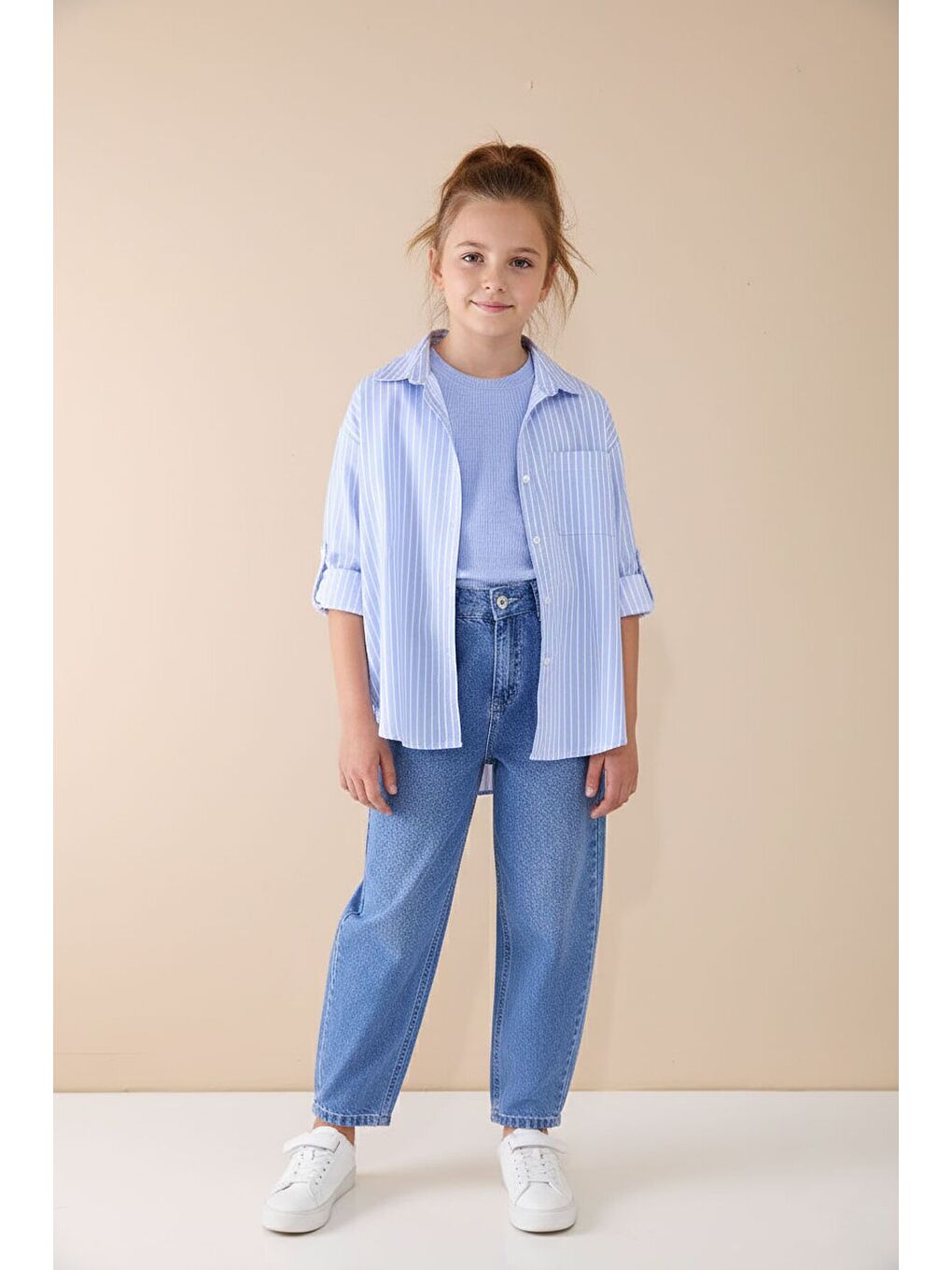 Mavi Çizgili Gömlekli Badili Kız Çocuk Pantolonlu 3lü Takım 23508-1