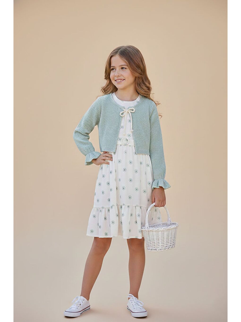 Yeşil Bolerolu Çiçek Desenli Kuşaklı Kız Çocuk Elbise Takımı 23505-0