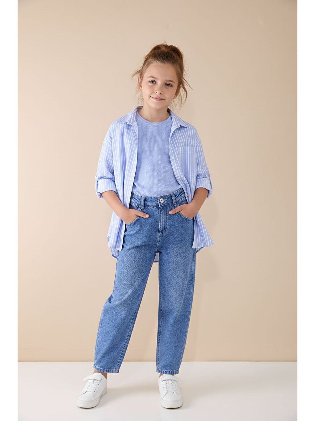 Mavi Çizgili Gömlekli Badili Kız Çocuk Pantolonlu 3lü Takım 23508-2