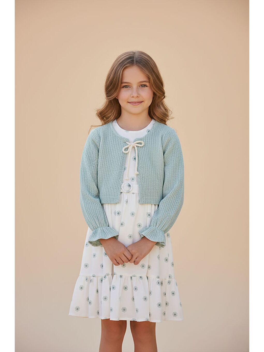 Yeşil Bolerolu Çiçek Desenli Kuşaklı Kız Çocuk Elbise Takımı 23505-1