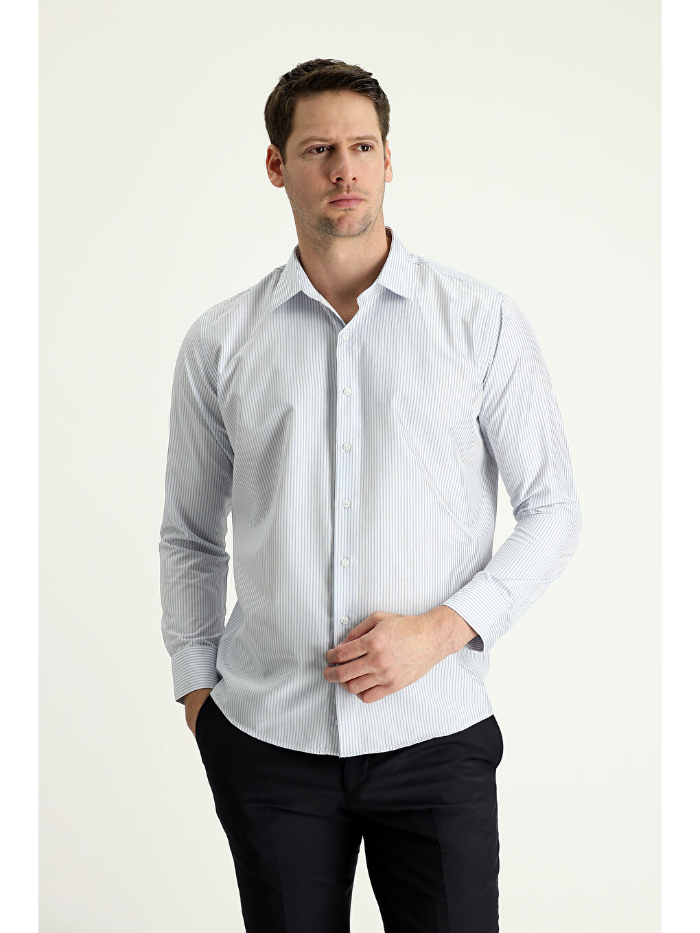 Gri Uzun Kol Slim Fit Dar Kesim Çizgili Pamuklu Gömlek