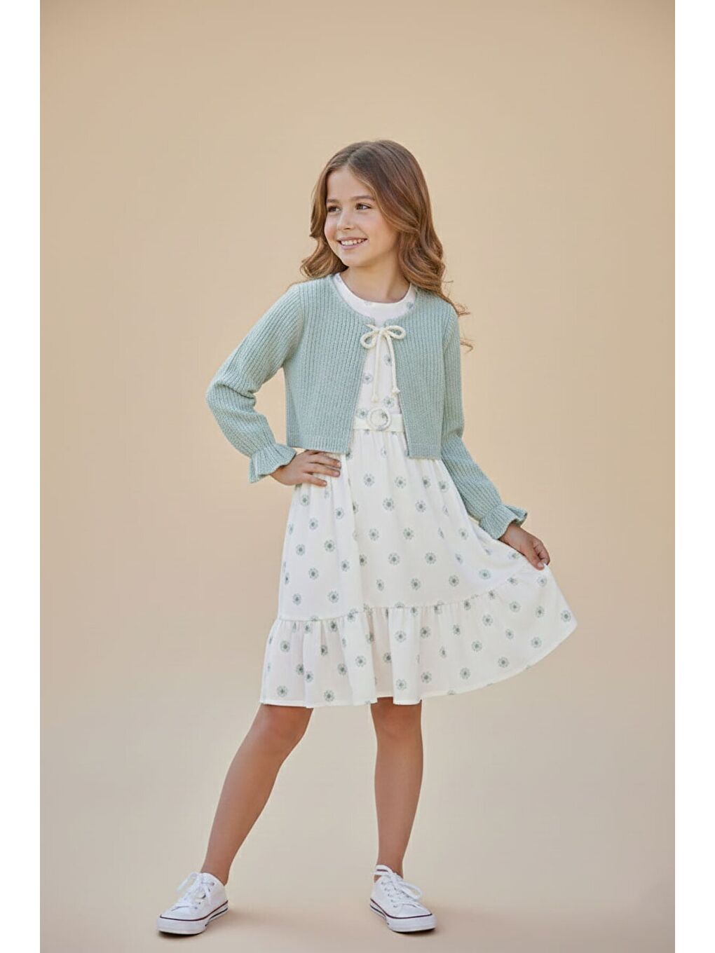 Yeşil Bolerolu Çiçek Desenli Kuşaklı Kız Çocuk Elbise Takımı 23505-2