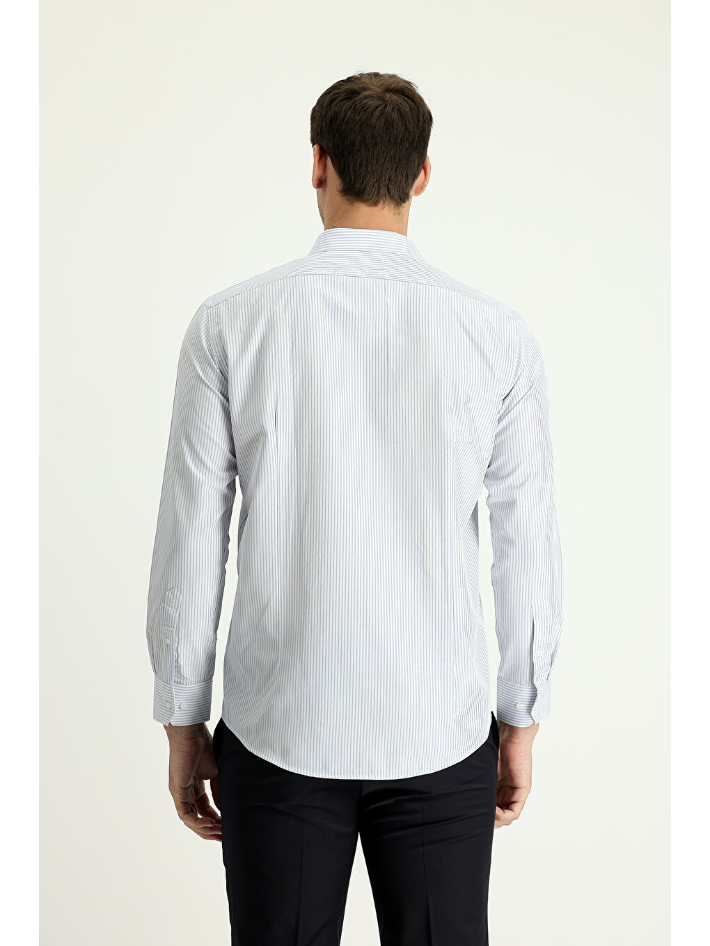 Gri Uzun Kol Slim Fit Dar Kesim Çizgili Pamuklu Gömlek-1