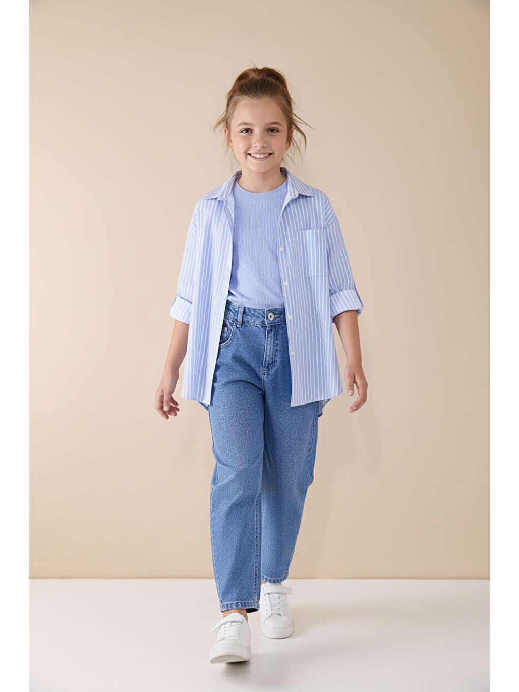 Mavi Çizgili Gömlekli Badili Kız Çocuk Pantolonlu 3lü Takım 23508-4