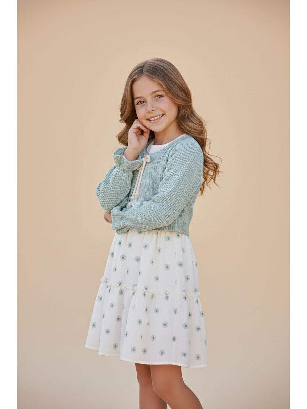 Yeşil Bolerolu Çiçek Desenli Kuşaklı Kız Çocuk Elbise Takımı 23505-4