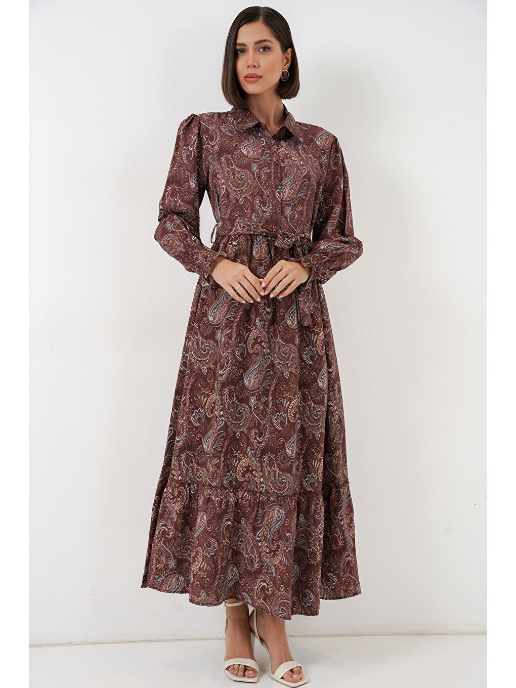 Kadın Kuşaklı Tesettür Elbise 2589 - Kahverengi