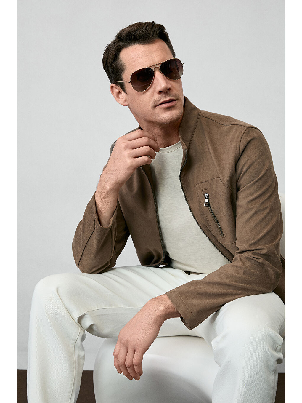 Bej Bisiklet Yaka Slim Fit Dar Kesim Süprem Pamuklu Basic Tişört-3