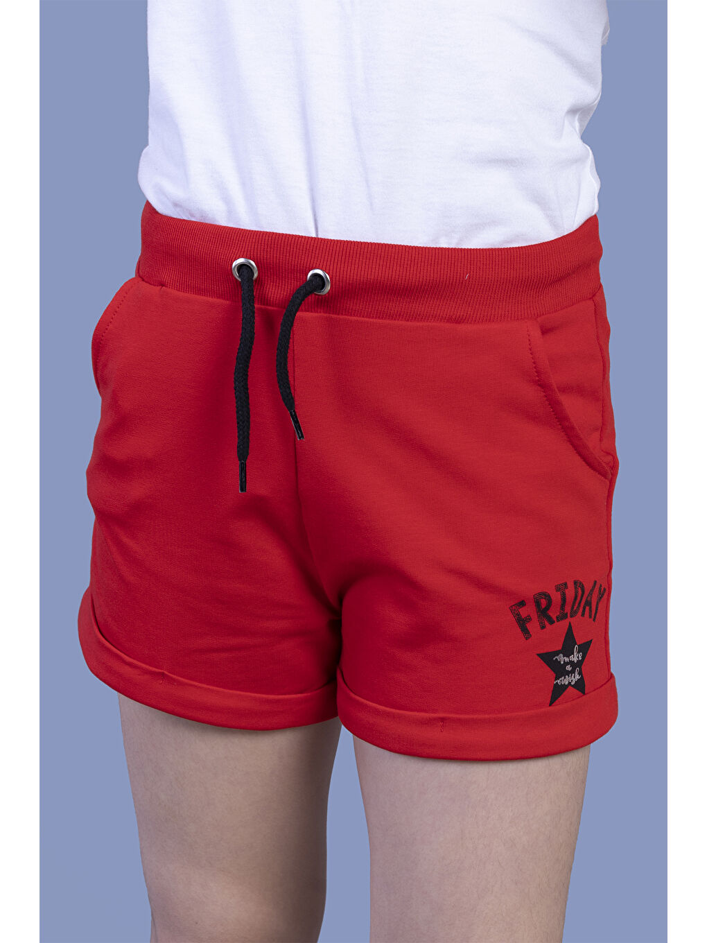 Kırmızı Kız Çocuk İki Yanı Cepli Baskılı Şort-2