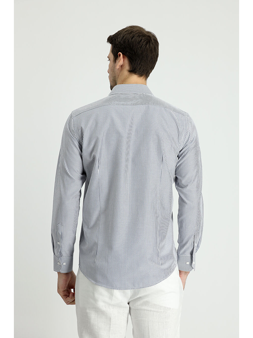 Lacivert Uzun Kol Slim Fit Dar Kesim Çizgili Pamuklu Gömlek-1