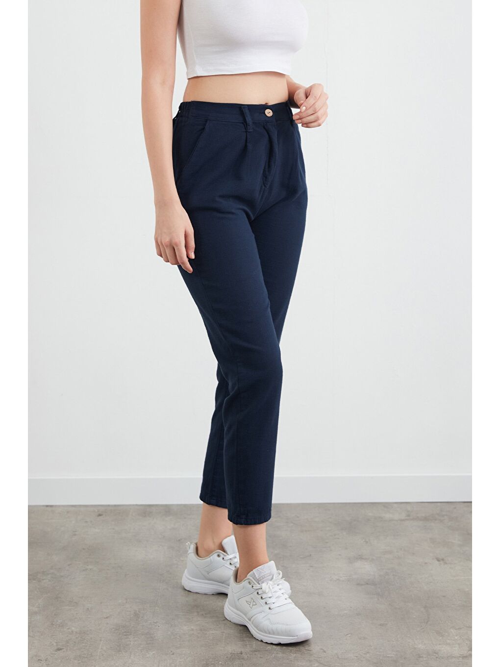 Lacivert Fermuarlı Cepli Keten Pantolon-1