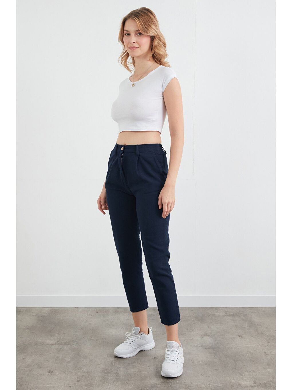 Lacivert Fermuarlı Cepli Keten Pantolon-2