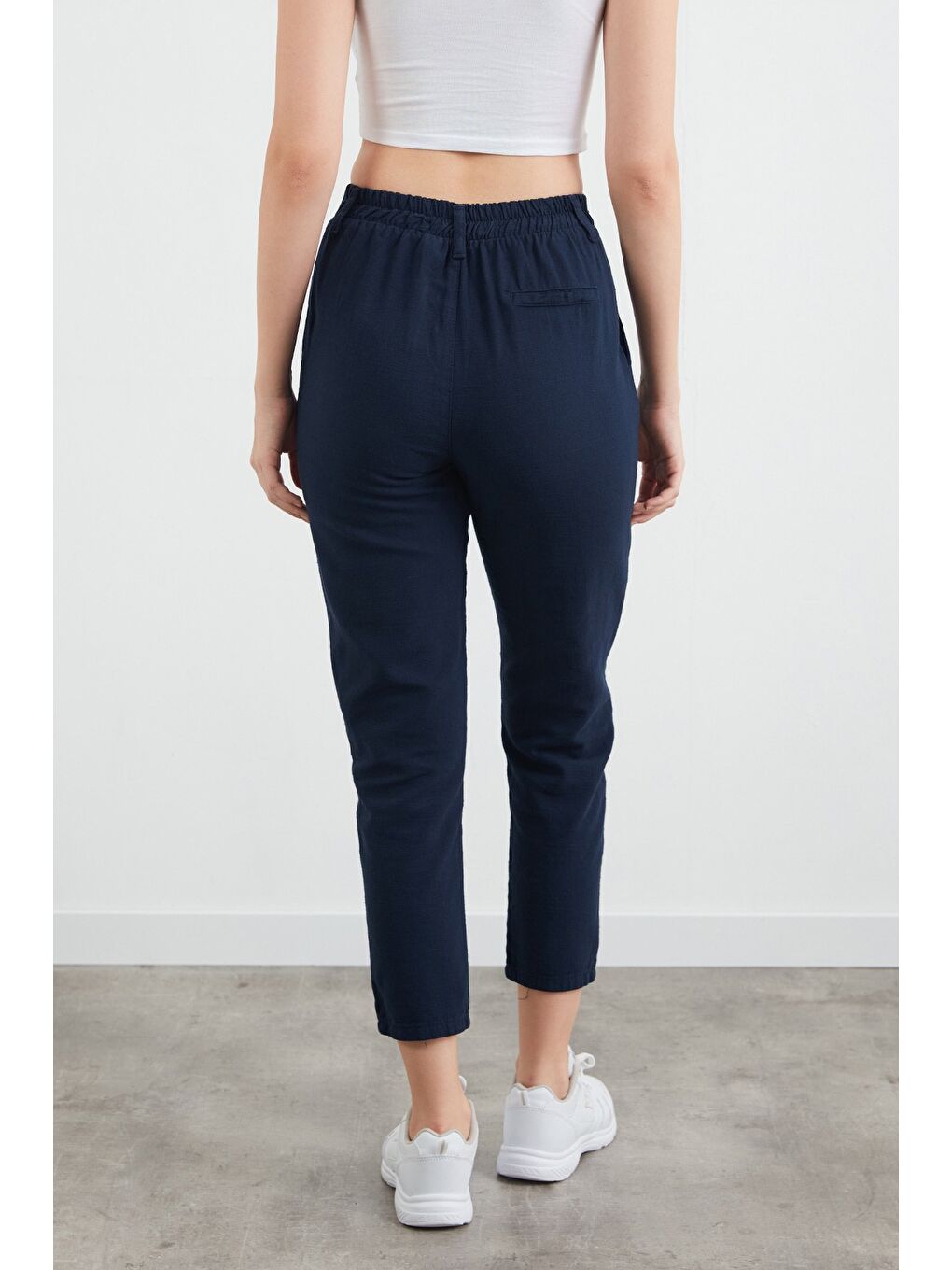 Lacivert Fermuarlı Cepli Keten Pantolon-3