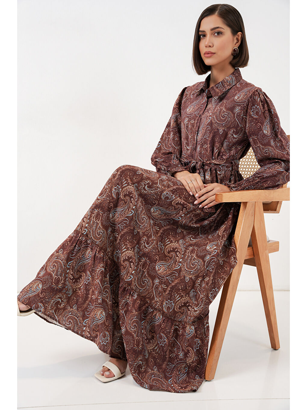 Kadın Kuşaklı Tesettür Elbise 2589 - Kahverengi-1