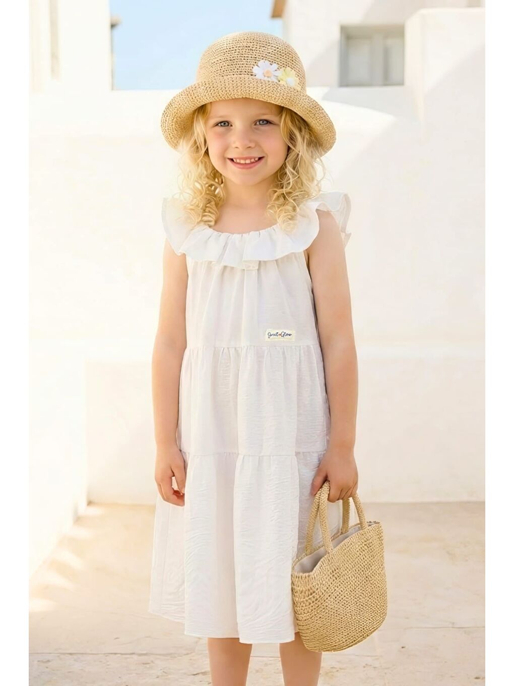 Kız Çocuk Volanlı Midi Elbise - Ekru