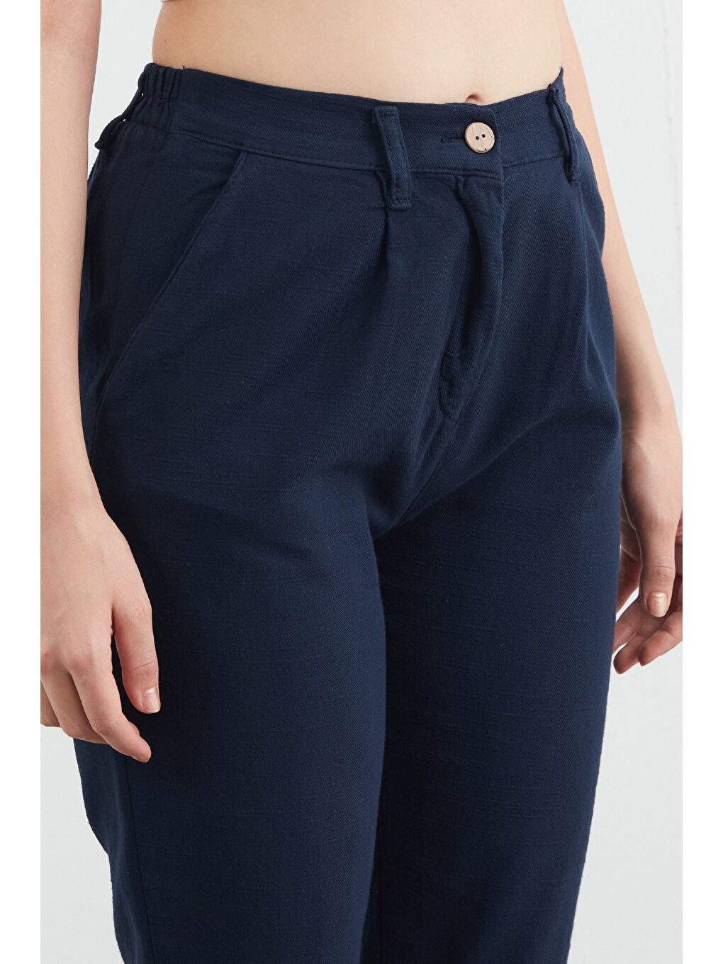 Lacivert Fermuarlı Cepli Keten Pantolon-4