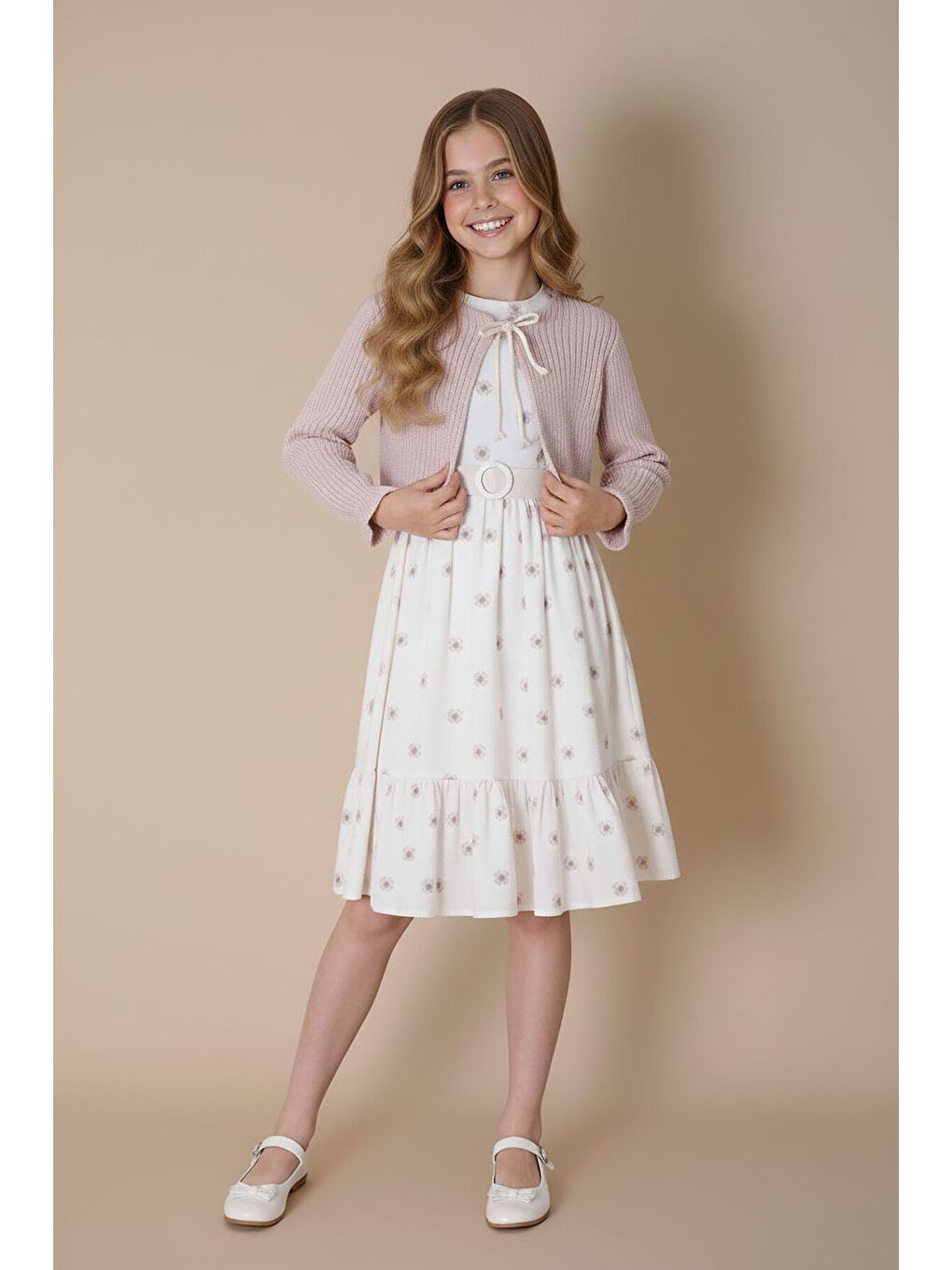 Pembe Bolerolu Çiçek Desenli Kuşaklı Kız Çocuk Elbise Takımı 23504-1