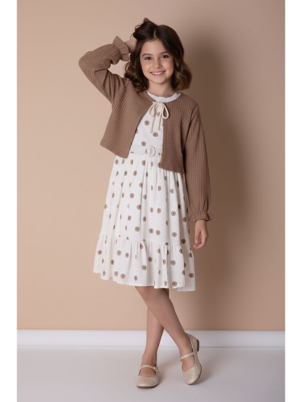 Kahverengi Bolerolu Çiçek Desenli Kuşaklı Kız Çocuk Elbise Takımı 23506