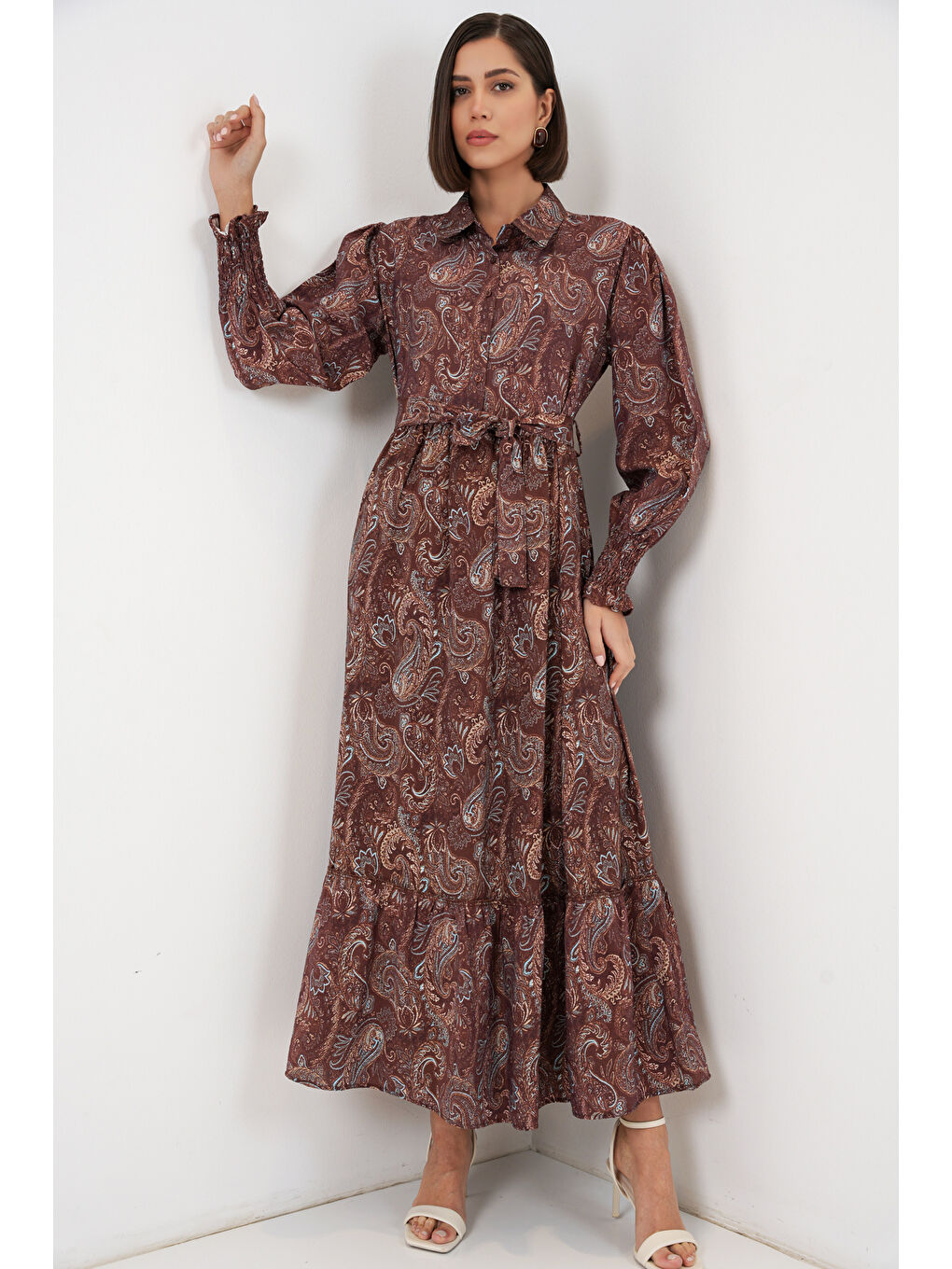 Kadın Kuşaklı Tesettür Elbise 2589 - Kahverengi-2