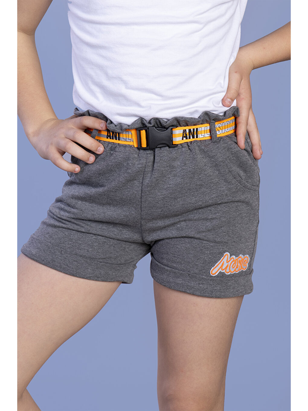 Antrasit Kız Çocuk Beli Lastikli Kemer Detaylı İki Yanı Cepli Şort-2