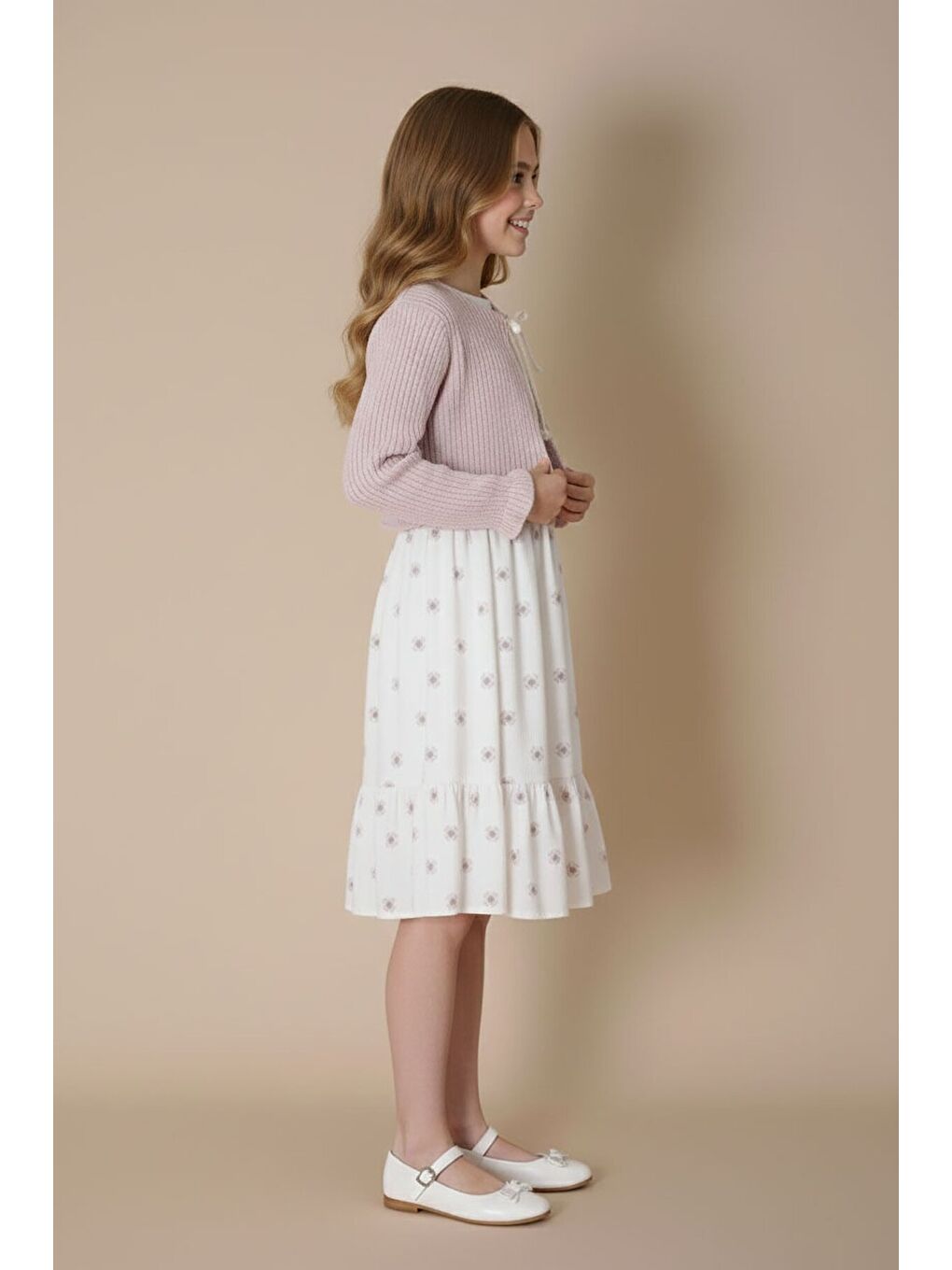 Pembe Bolerolu Çiçek Desenli Kuşaklı Kız Çocuk Elbise Takımı 23504-2