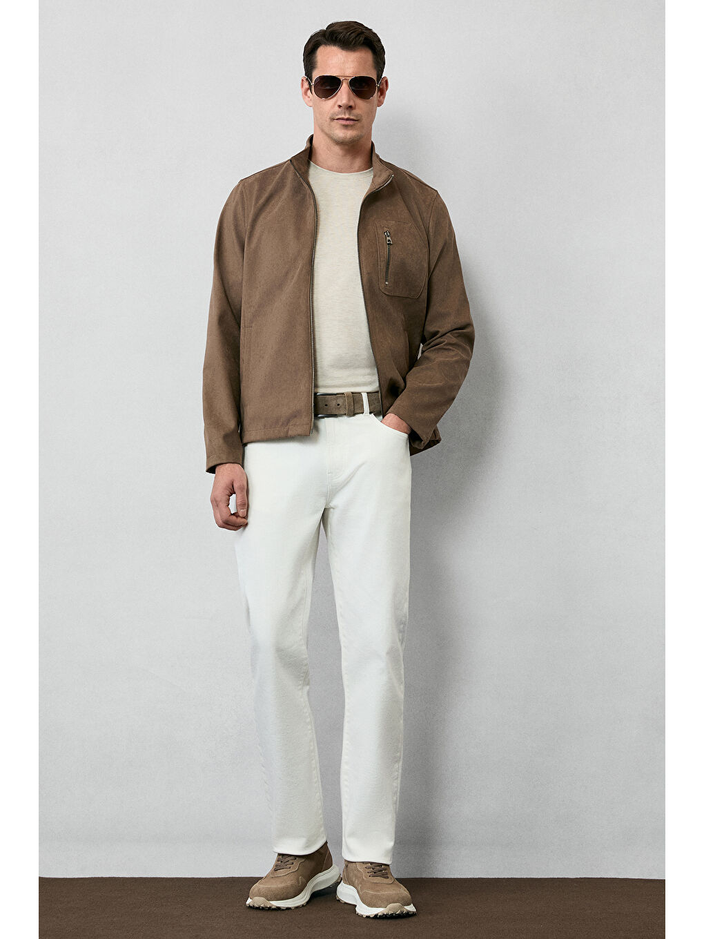 Bej Bisiklet Yaka Slim Fit Dar Kesim Süprem Pamuklu Basic Tişört-5