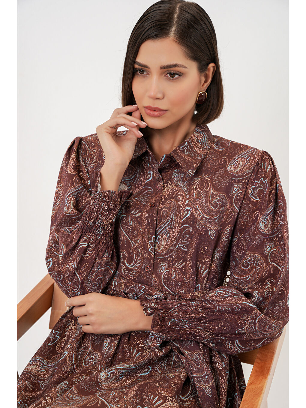 Kadın Kuşaklı Tesettür Elbise 2589 - Kahverengi-3