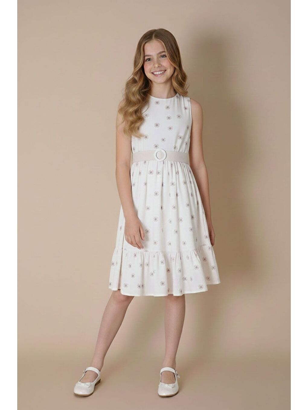 Pembe Bolerolu Çiçek Desenli Kuşaklı Kız Çocuk Elbise Takımı 23504-4