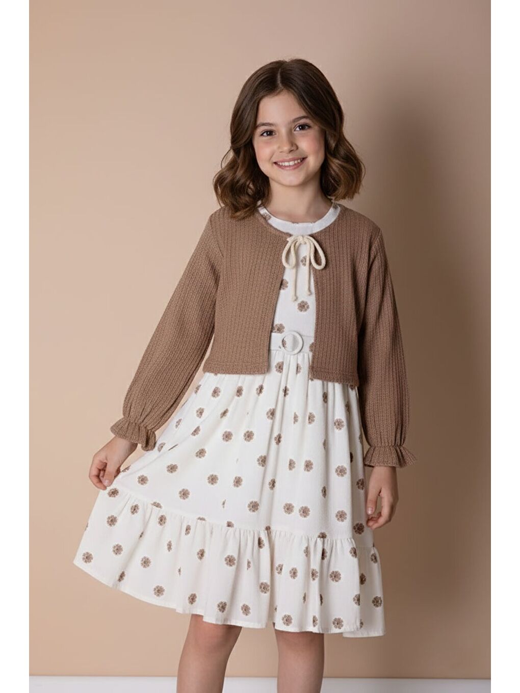 Kahverengi Bolerolu Çiçek Desenli Kuşaklı Kız Çocuk Elbise Takımı 23506-1