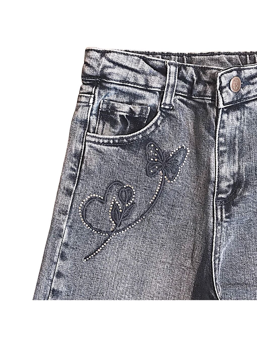 Mavi Kız Çocuk Kelebek Nakışlı Jean Pantolon