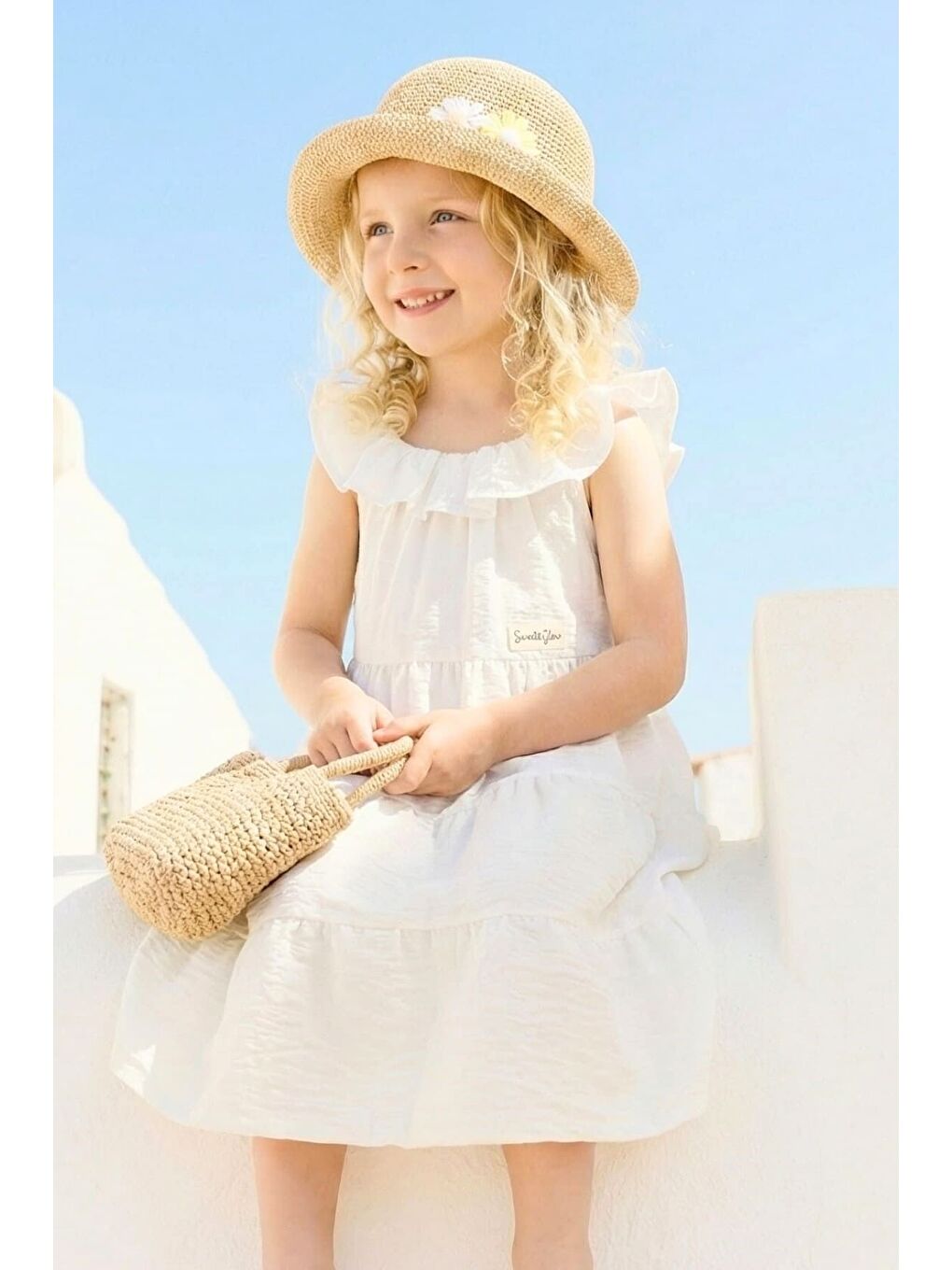 Kız Çocuk Volanlı Midi Elbise - Ekru-2