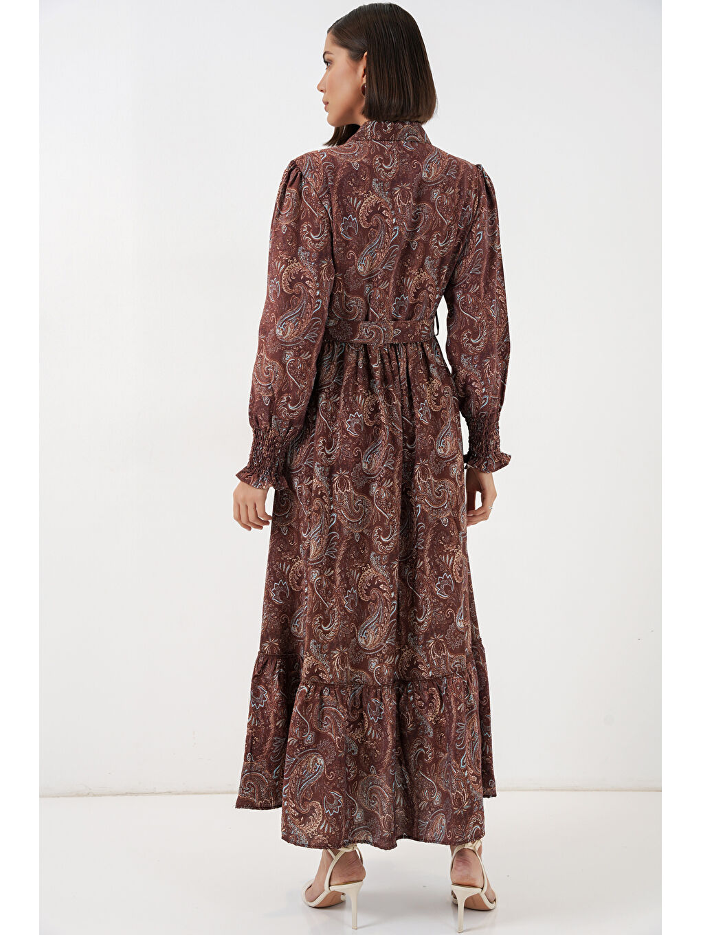 Kadın Kuşaklı Tesettür Elbise 2589 - Kahverengi-5