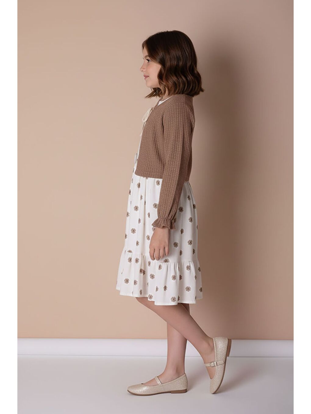 Kahverengi Bolerolu Çiçek Desenli Kuşaklı Kız Çocuk Elbise Takımı 23506-3