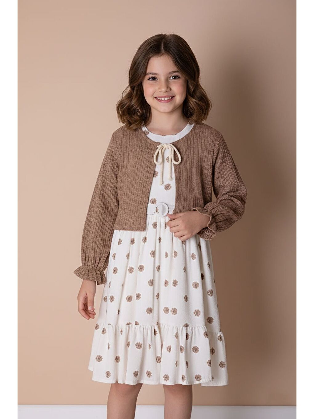 Kahverengi Bolerolu Çiçek Desenli Kuşaklı Kız Çocuk Elbise Takımı 23506-4